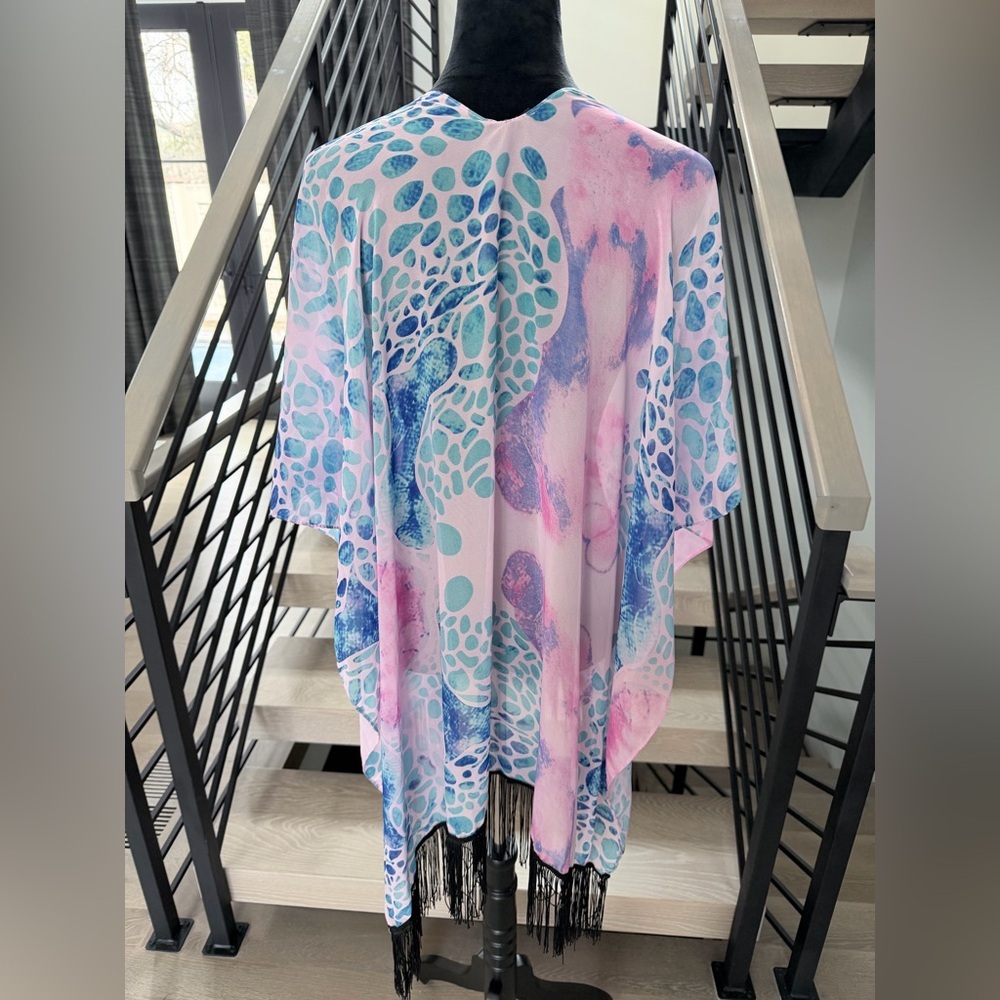 New Bohemian Beach Vacation Pink and Blue Shawl Kimono Cover up with Fringe - Picture 6 of 6